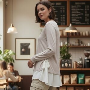 Pebble And Stone Layered Knit Chiffon Side Tie Top - Size Small